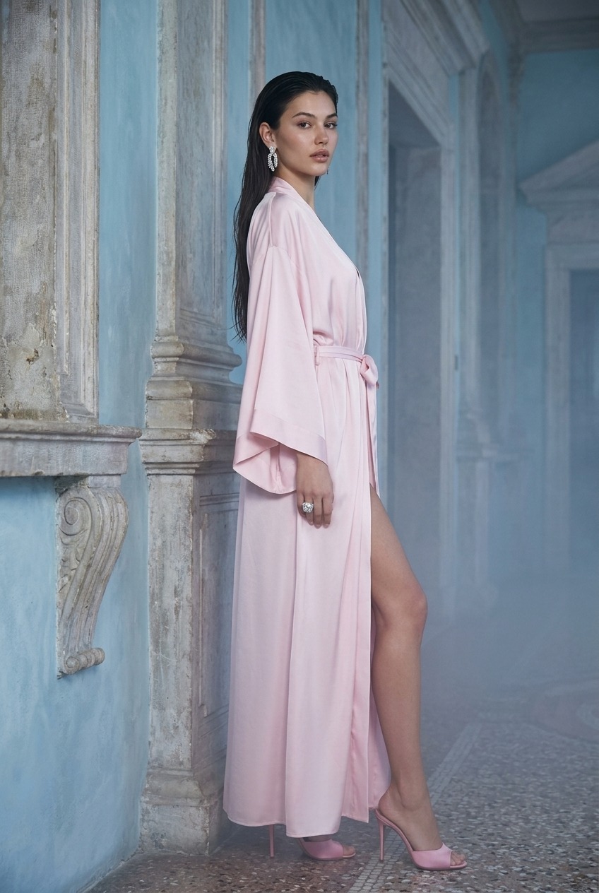 Model wearing Rosamosario pink long robe