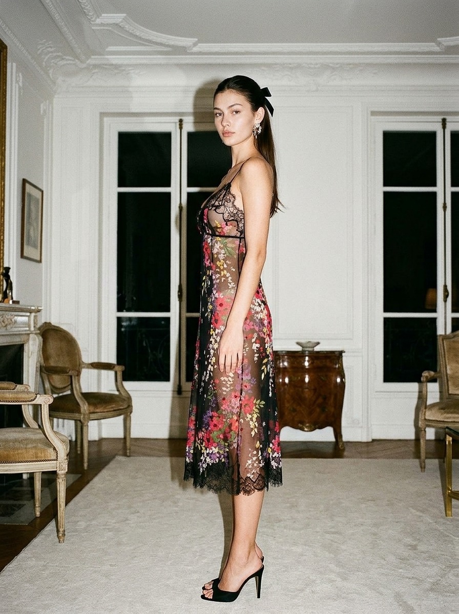 Model wearing Rosamosario black short dress