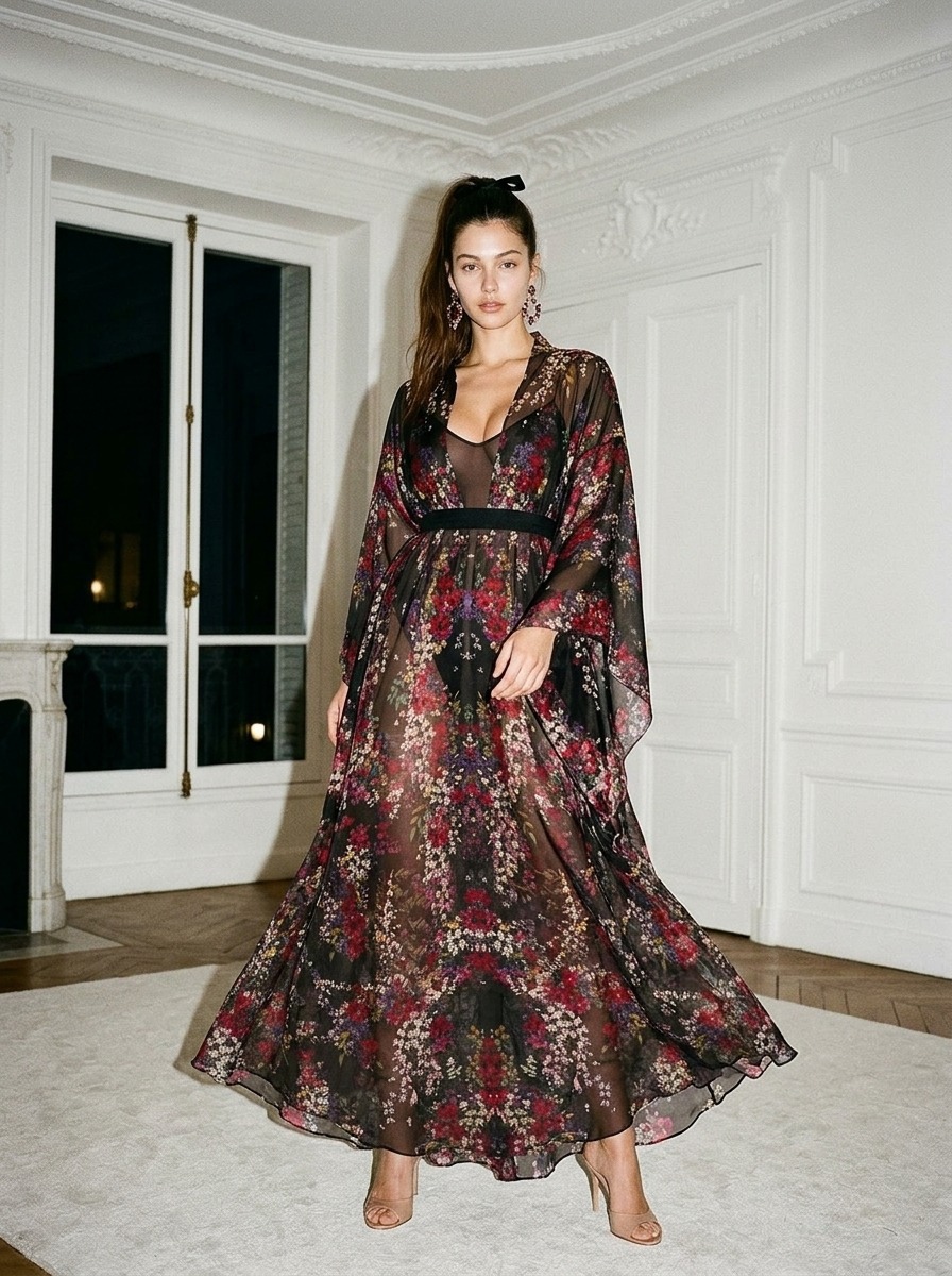 Model wearing Rosamosario black long robe