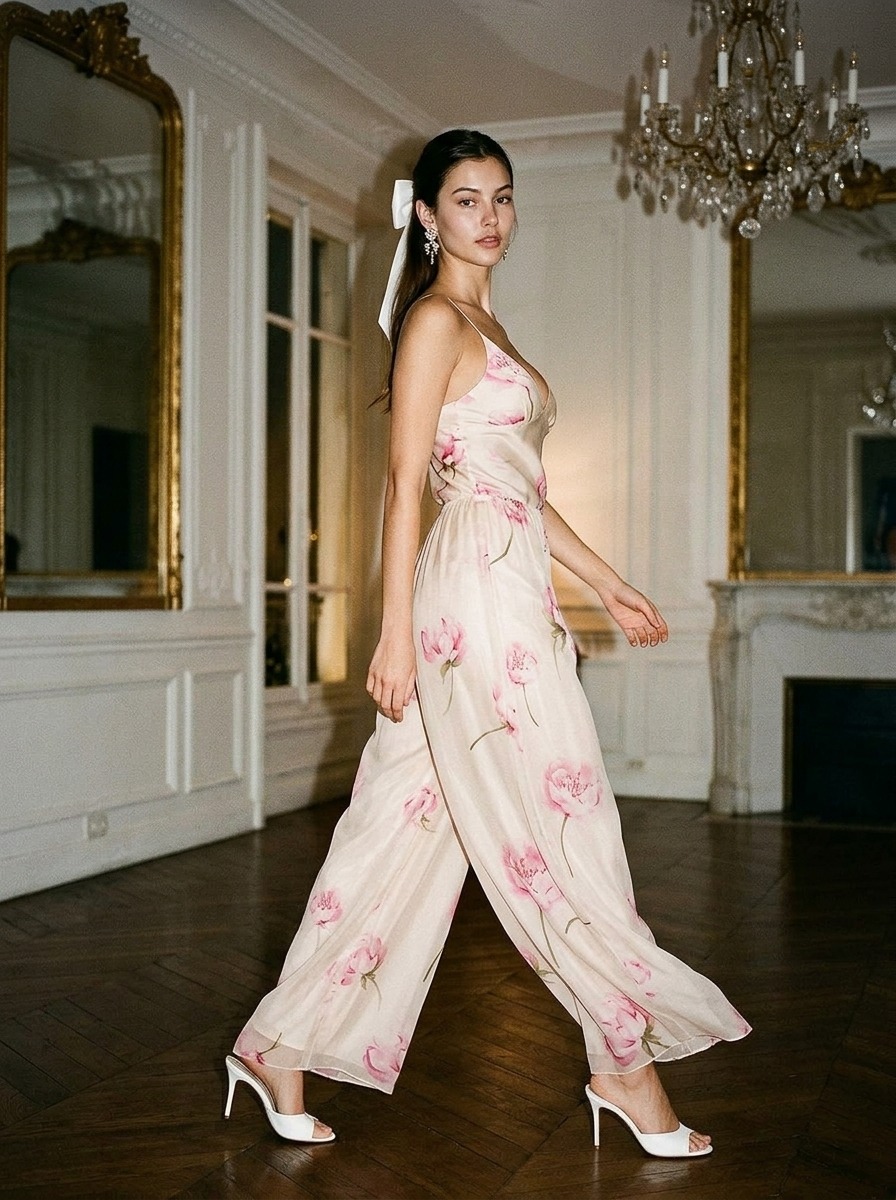 Model wearing Rosamosario nude strousers