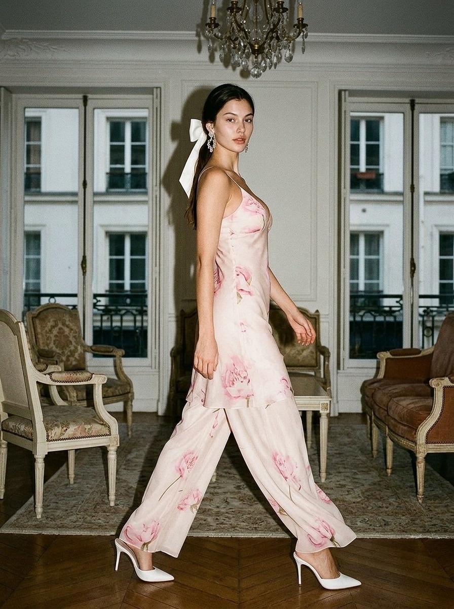 Model wearing Rosamosario nude strousers