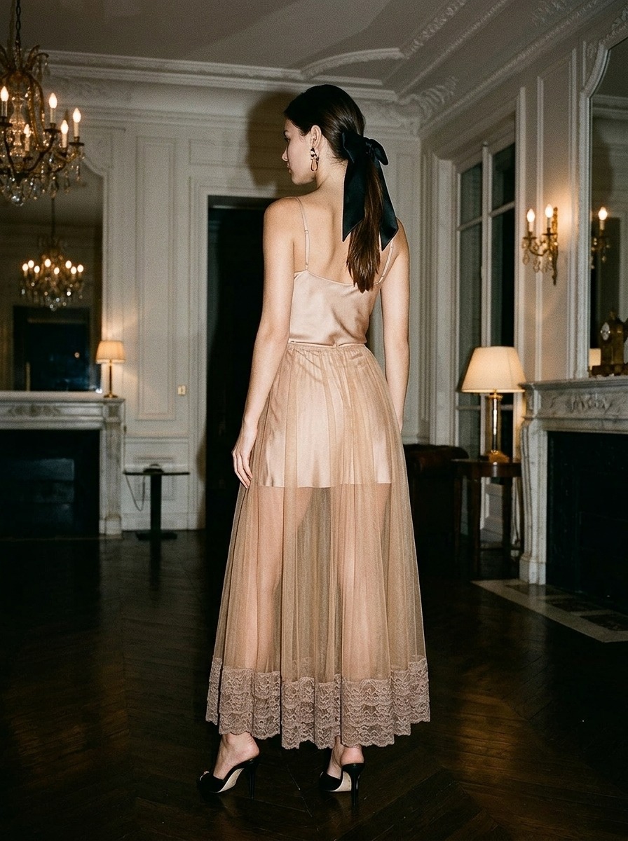 Model wearing Rosamosario nude skirt from the back