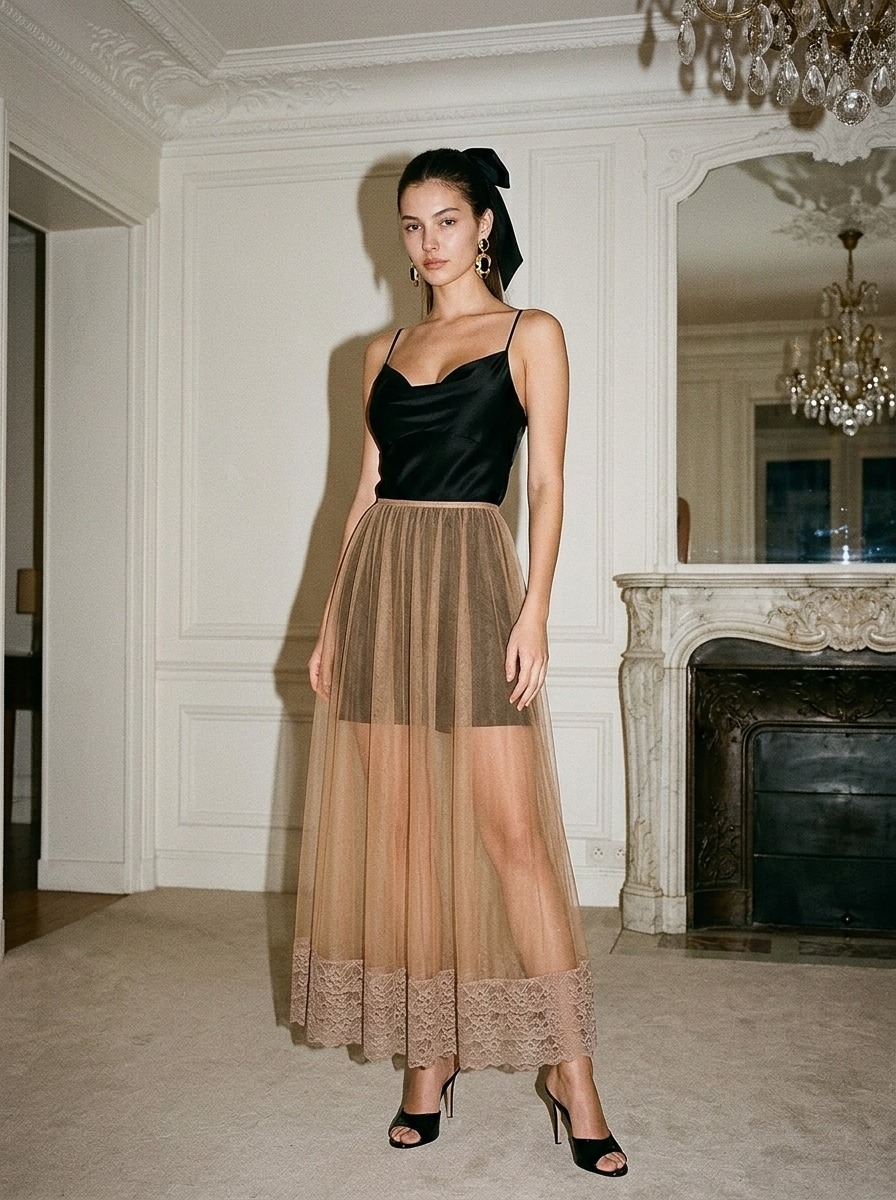 Model wearing Rosamosario nude skirt