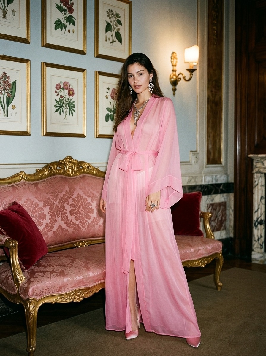Model wearing Rosamosario pink long robe