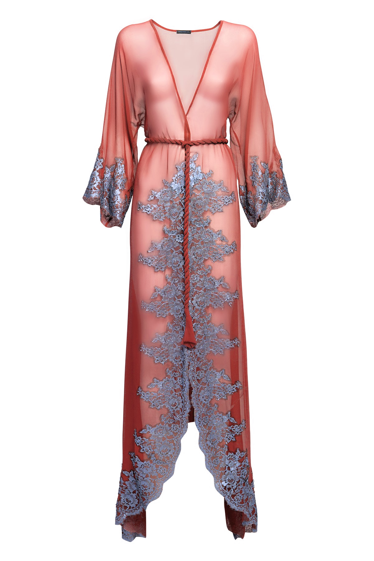 Model wearing Rosamosario red long robe