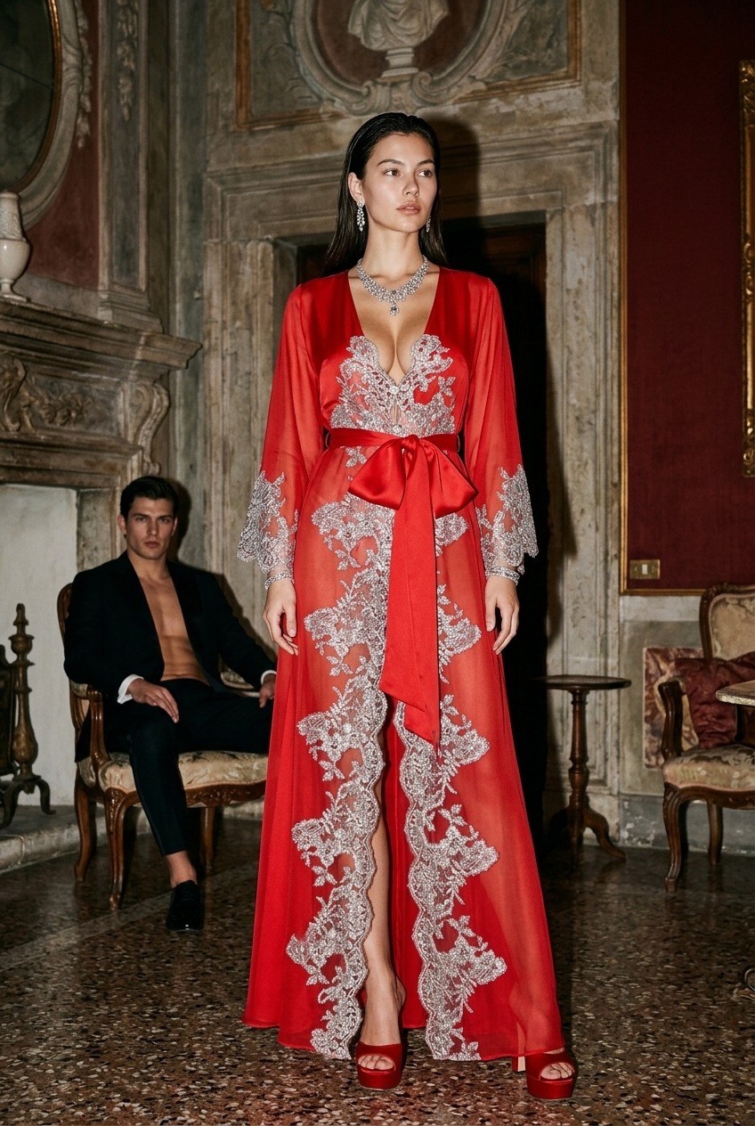 Model wearing Rosamosario red long robe