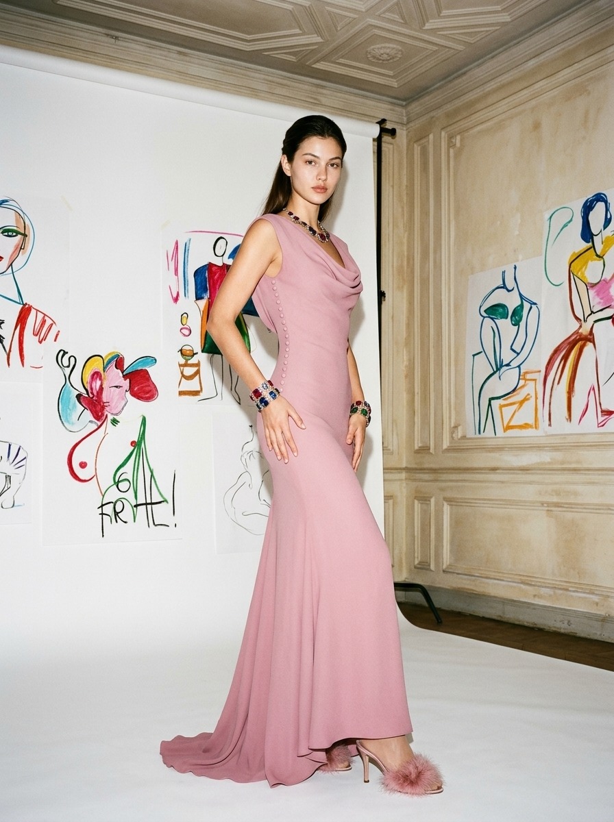 Model wearing Rosamosario pink long dress