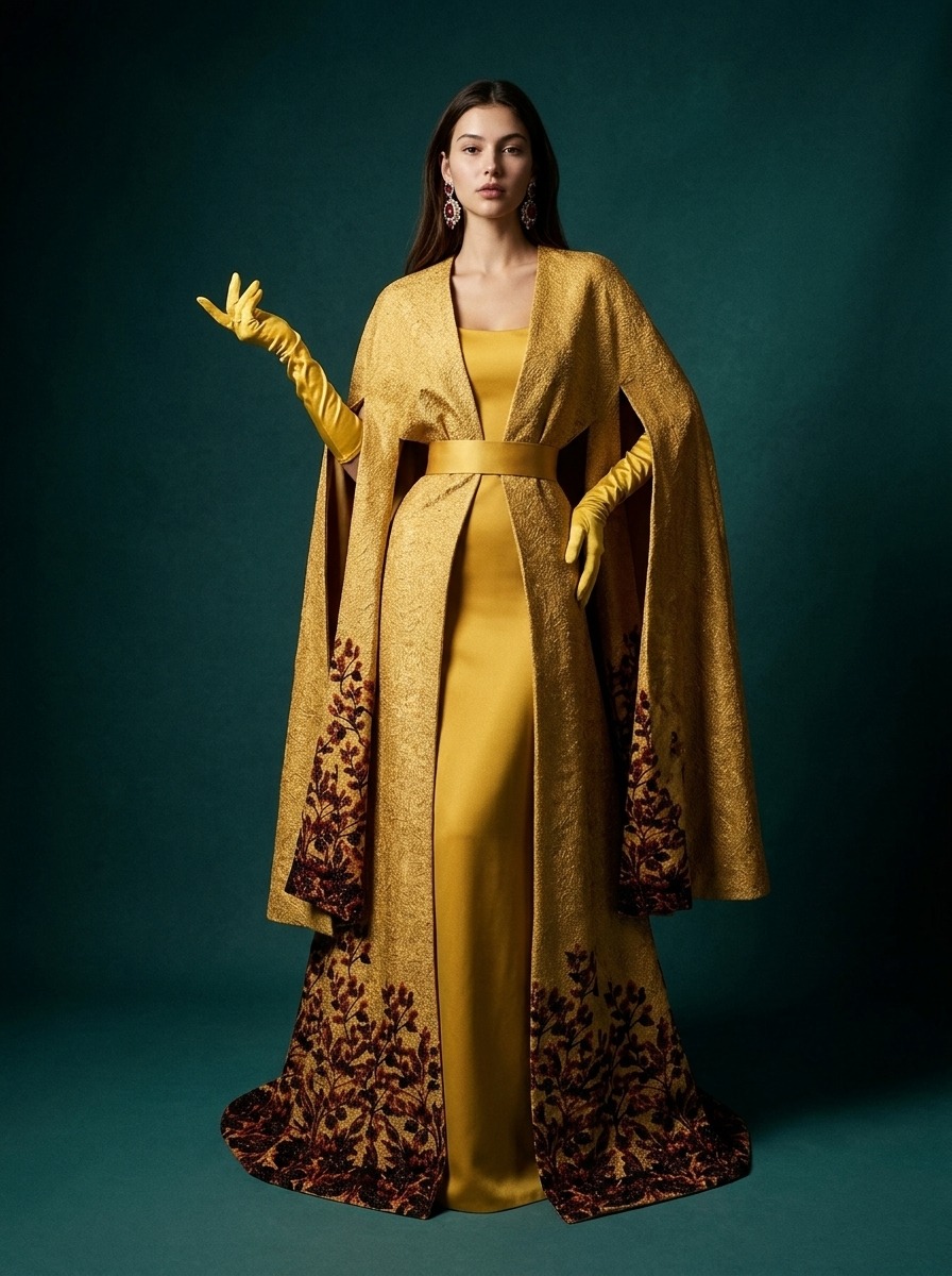 Model wearing Rosamosario yellow couture long robe