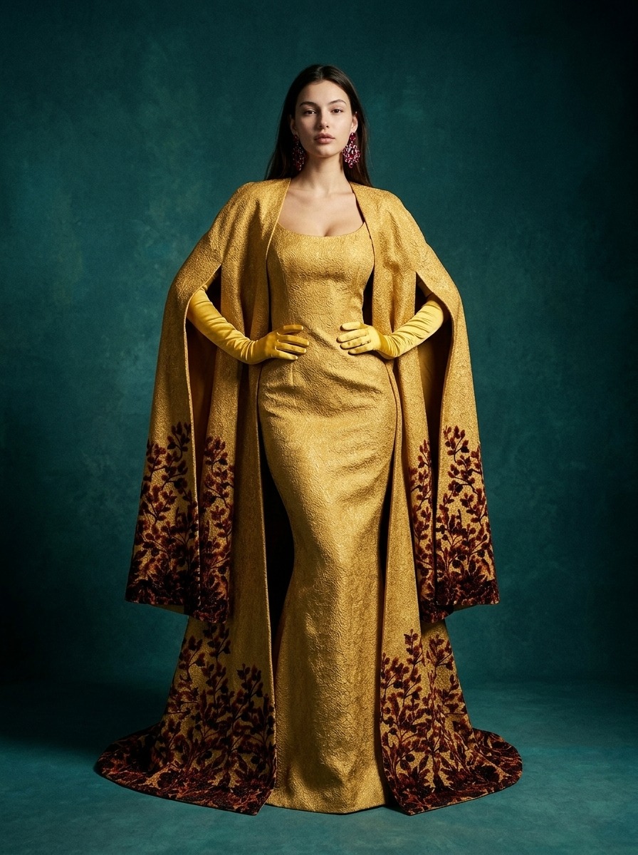 Model wearing Rosamosario yellow couture long robe