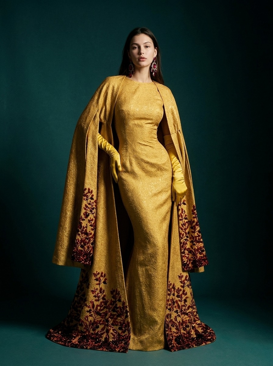 Model wearing Rosamosario yellow couture long robe