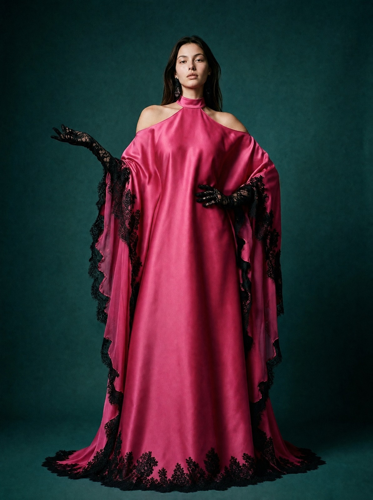 Model wearing Rosamosario fuchsia couture kaftan