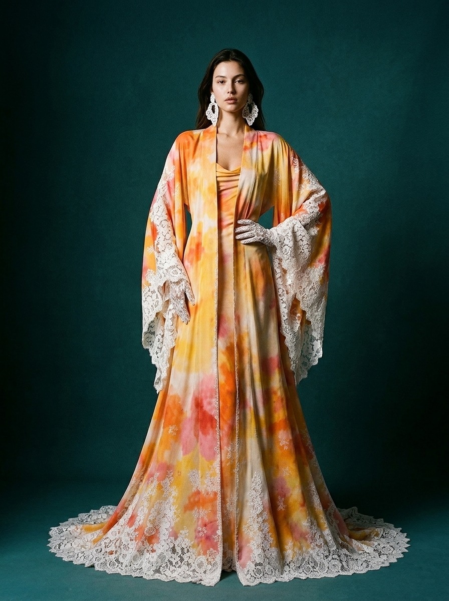 Model wearing Rosamosario orange couture outfit