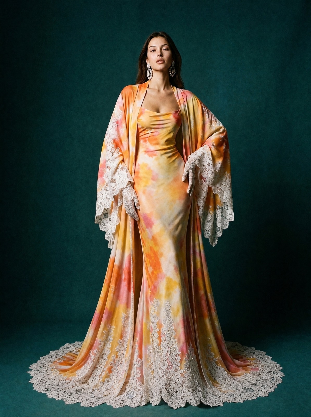 Model wearing Rosamosario orange couture outfit