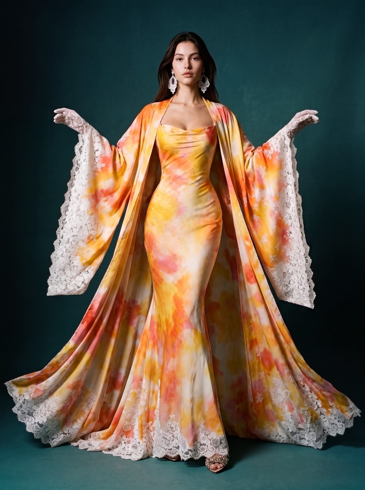 Model wearing Rosamosario orange couture outfit