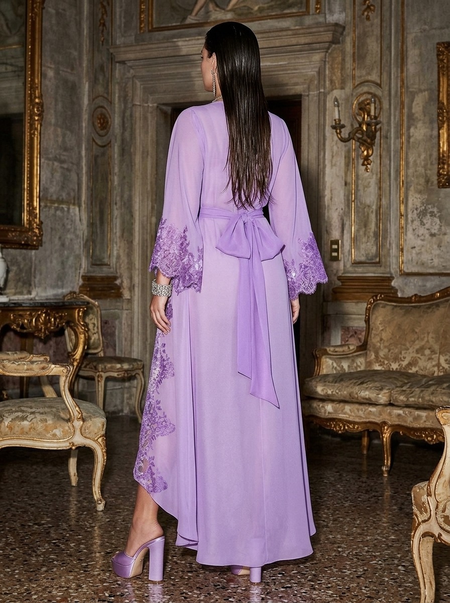 Model wearing Rosamosario lilac long robe
