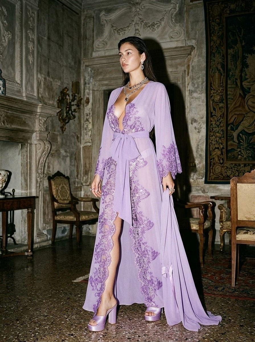 Model wearing Rosamosario lilac long robe