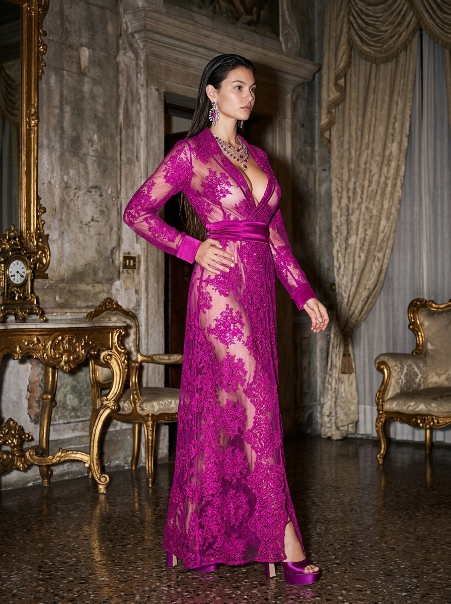 Model wearing Rosamosario fuchsia long robe