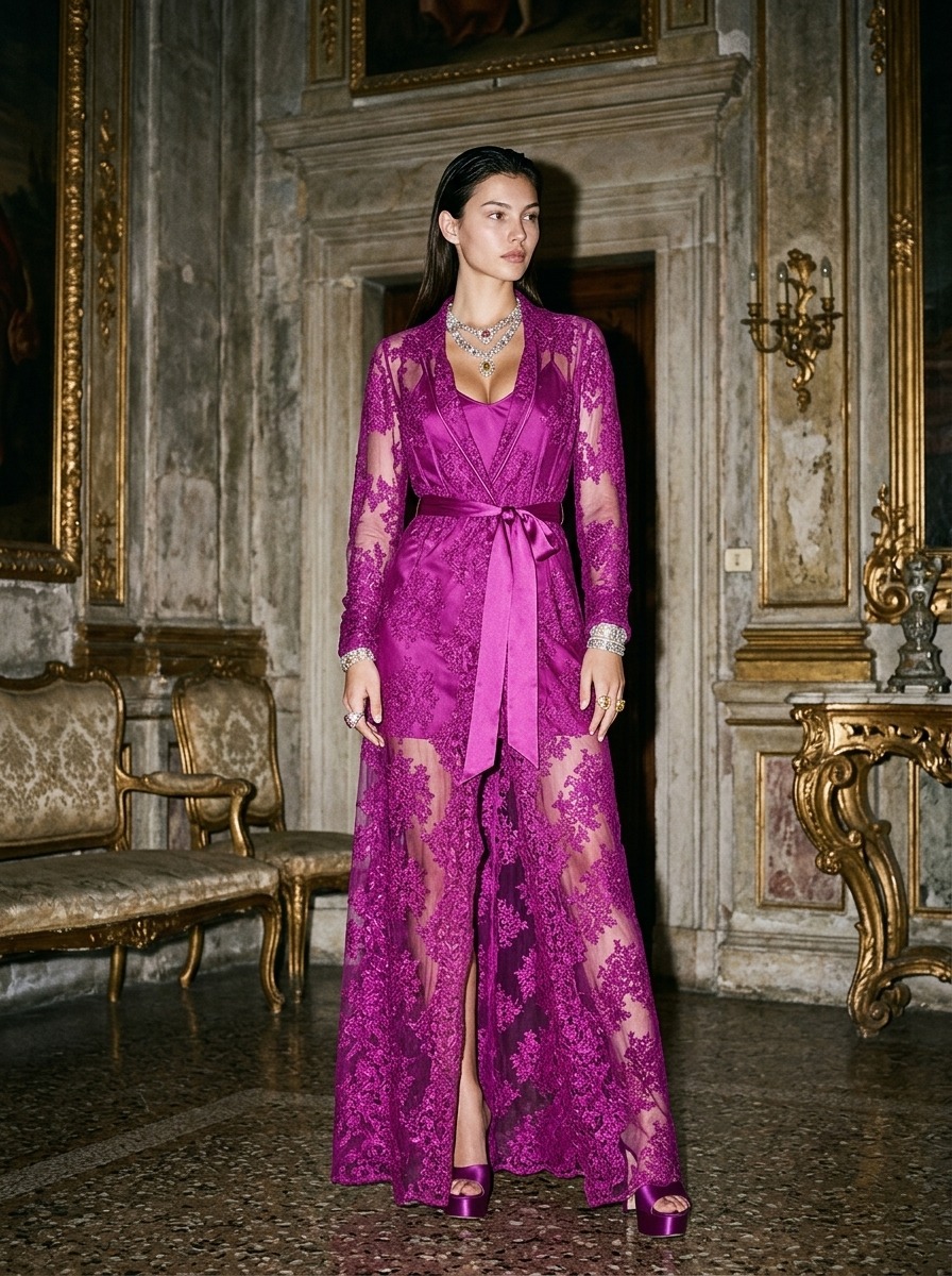 Model wearing Rosamosario fuchsia long robe