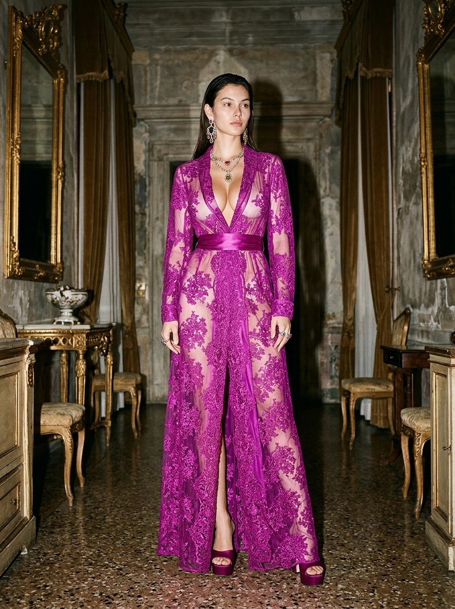 Model wearing Rosamosario fuchsia long robe