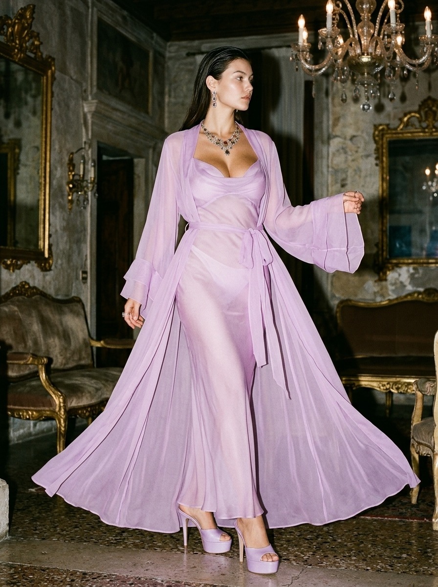 Model wearing Rosamosario lilac long robe