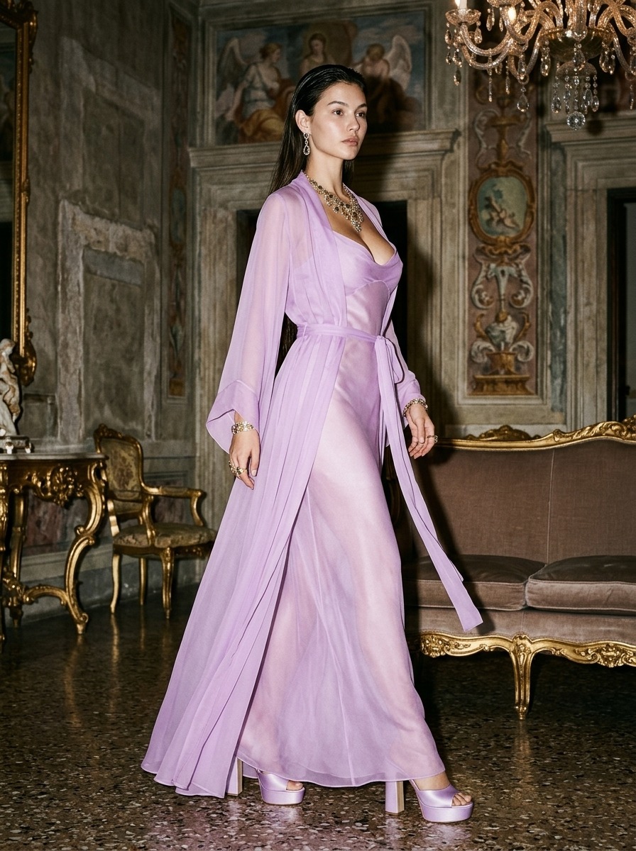 Model wearing Rosamosario lilac long robe