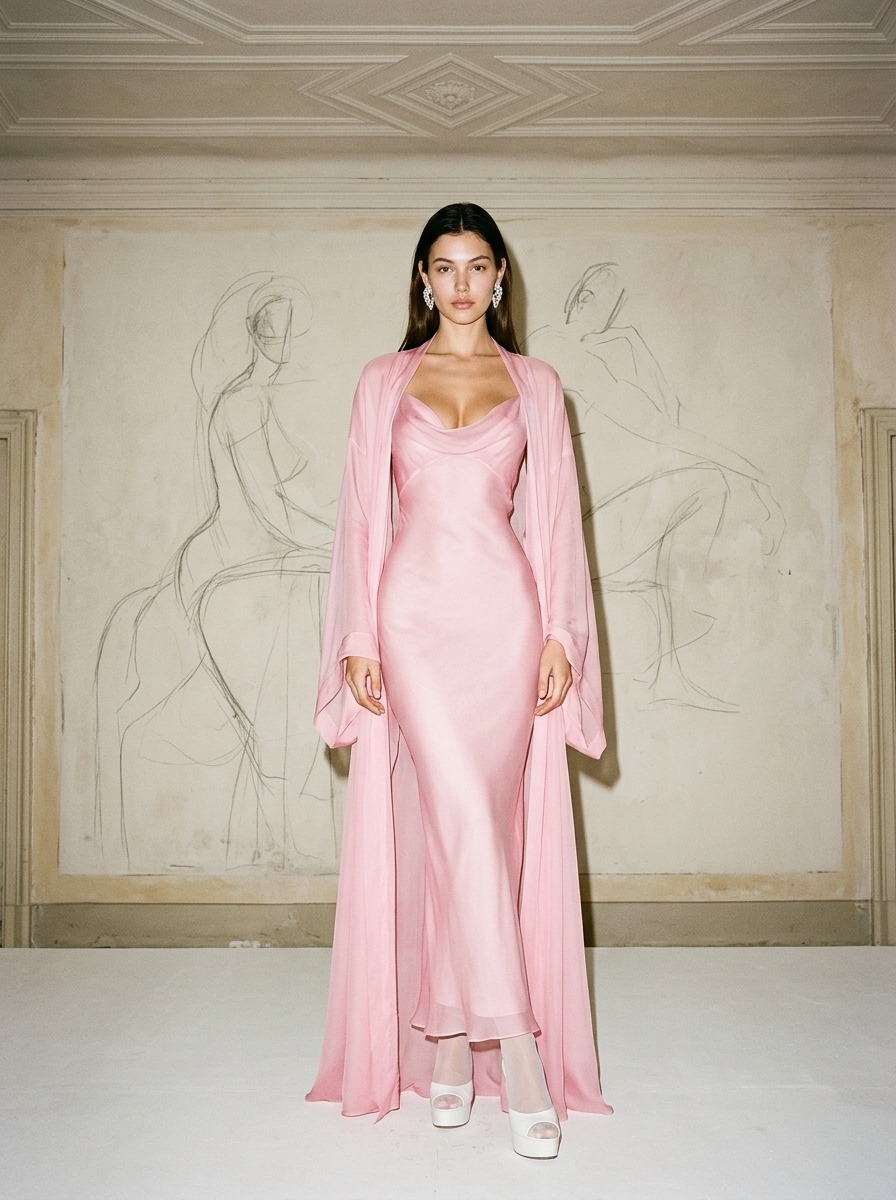 Model wearing Rosamosario pink long robe