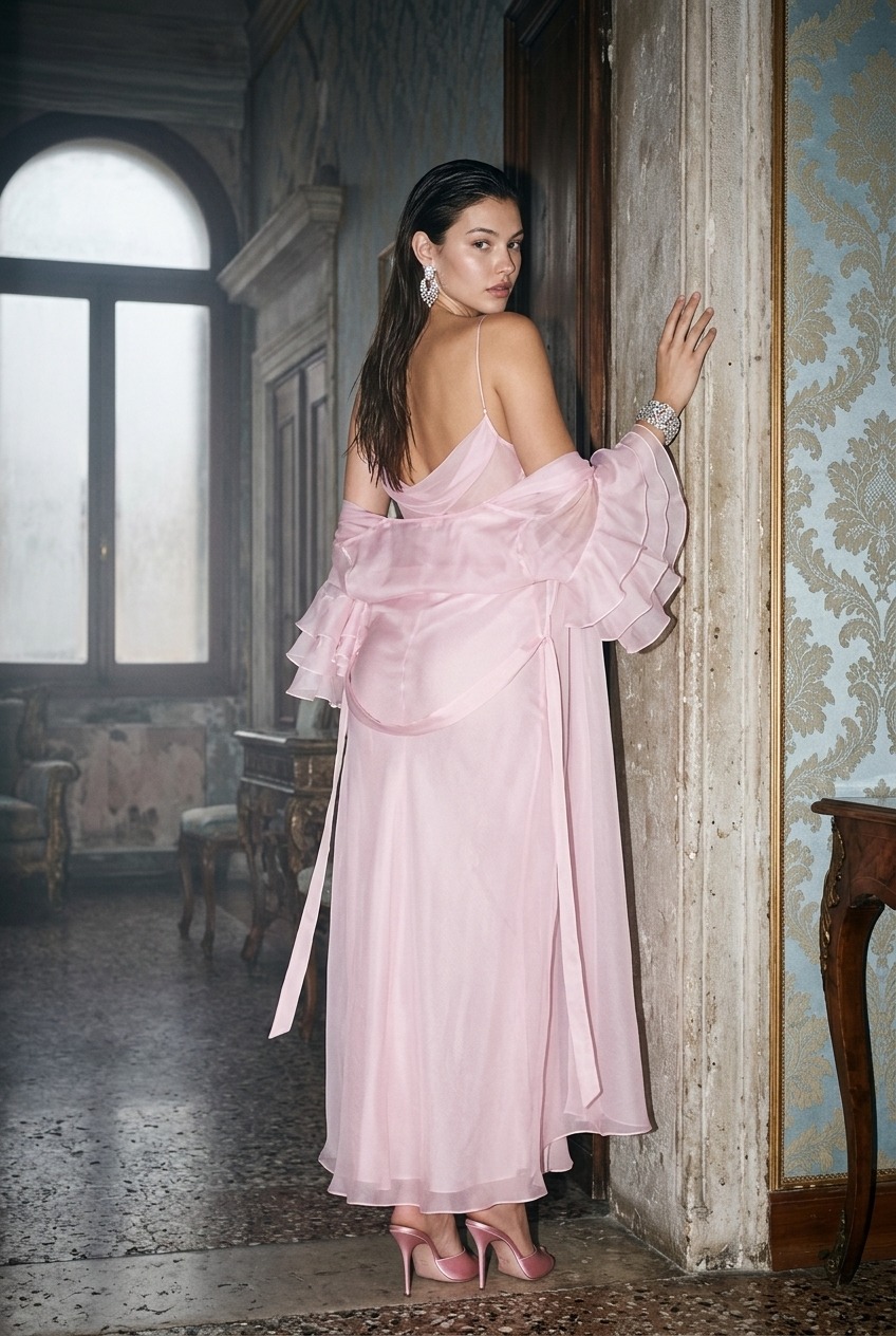Model wearing Rosamosario pink long robe