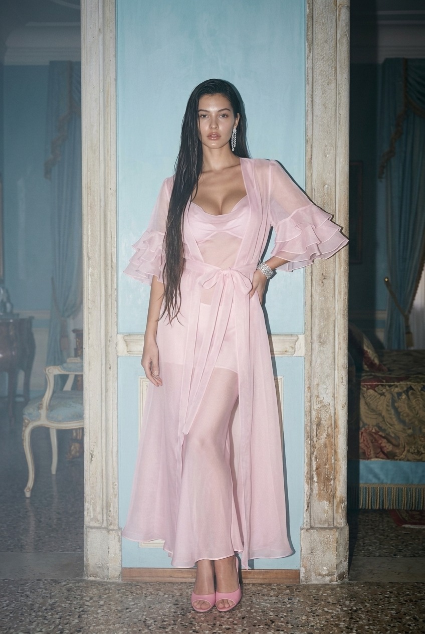 Model wearing Rosamosario pink long robe