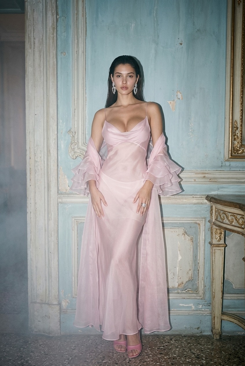 Model wearing Rosamosario pink long robe