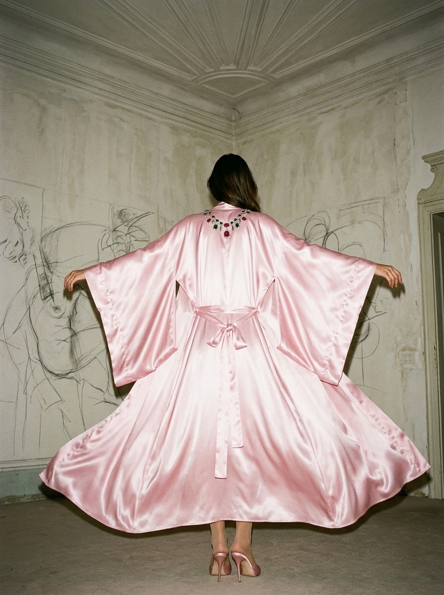 Model wearing Rosamosario pink long robe