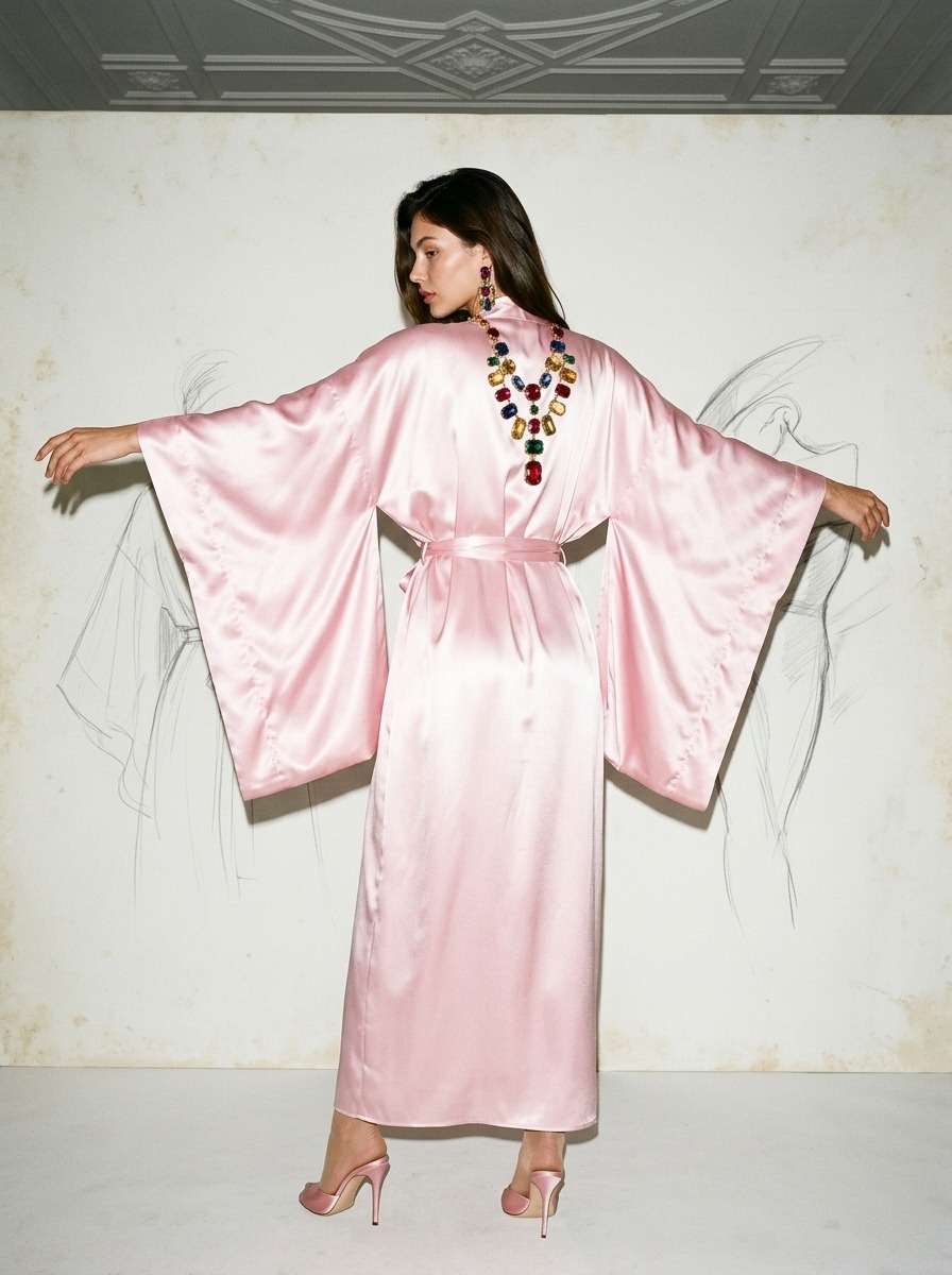 Model wearing Rosamosario pink long robe