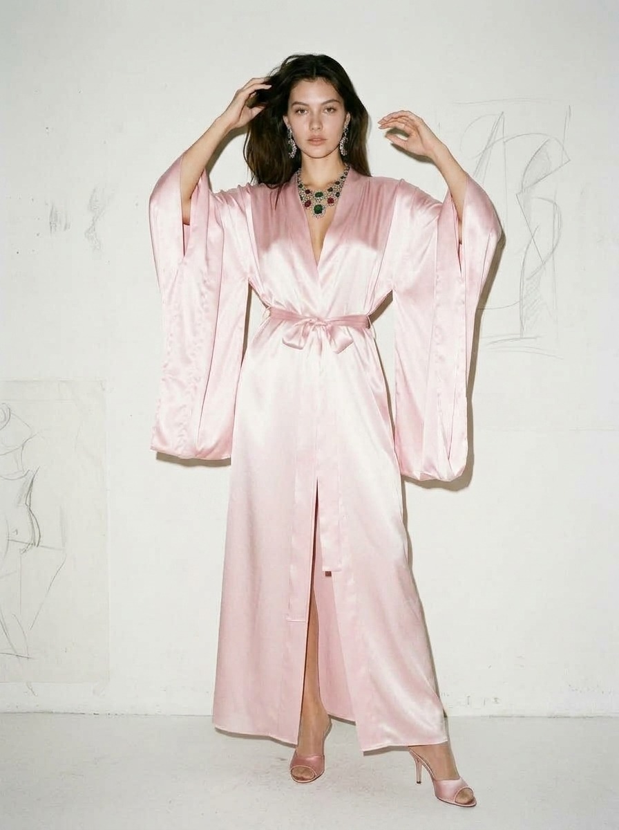 Model wearing Rosamosario pink long robe