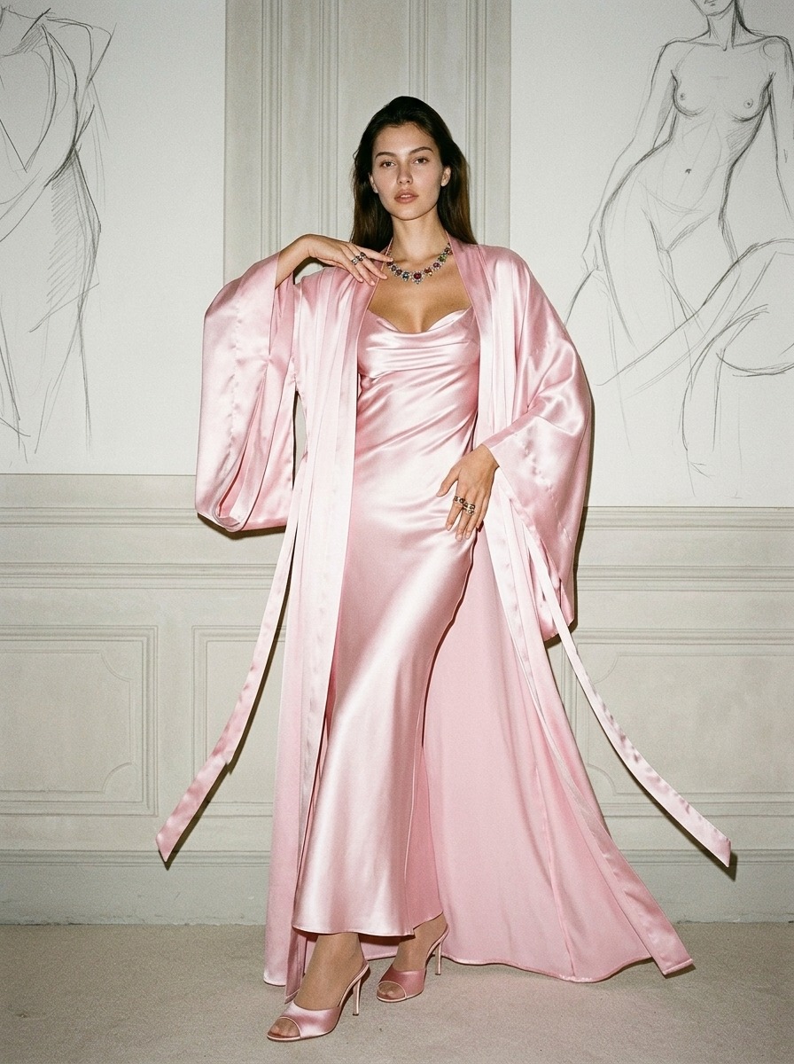 Model wearing Rosamosario pink long robe