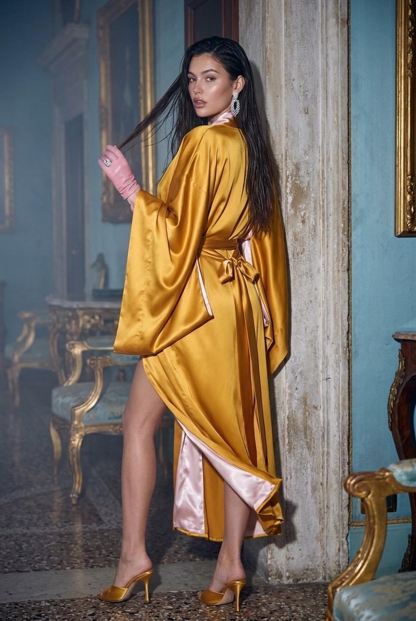 Model wearing Rosamosario orange long robe