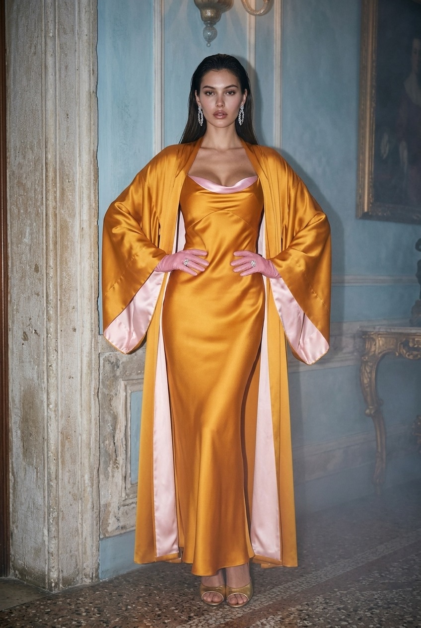 Model wearing Rosamosario orange long robe