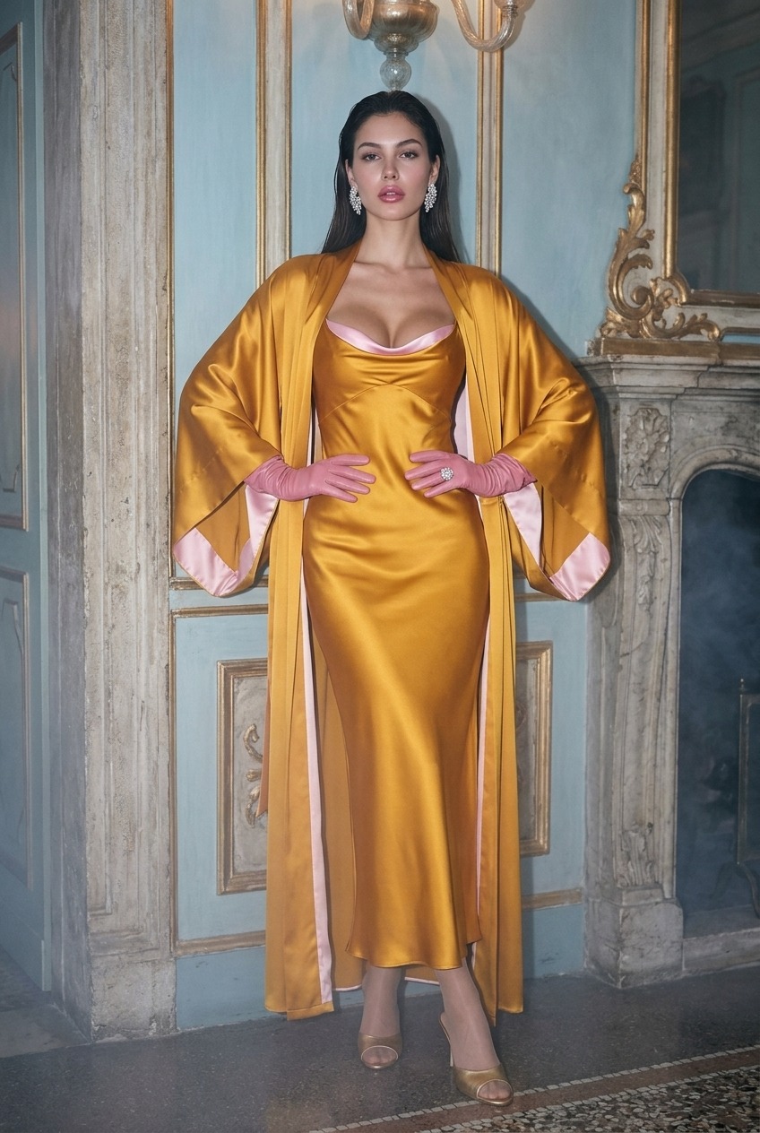 Model wearing Rosamosario orange long robe