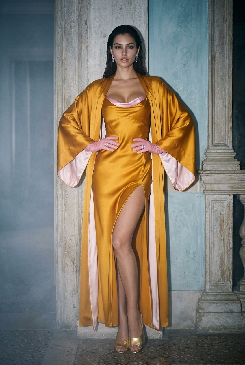 Model wearing Rosamosario orange long robe