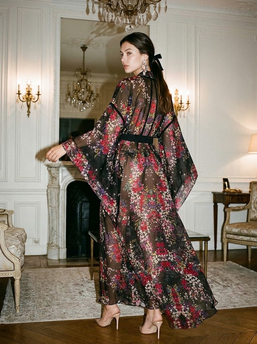 Model wearing Rosamosario black long robe