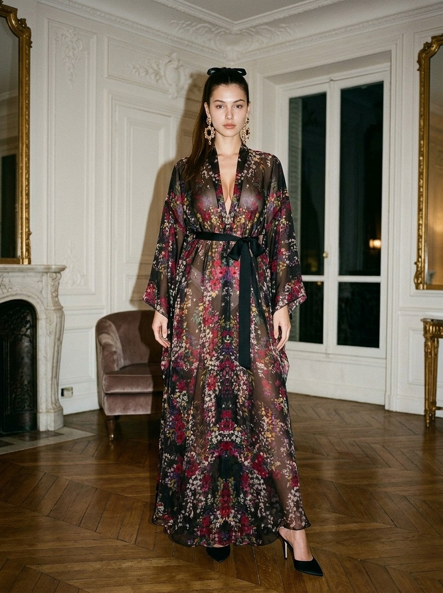 Model wearing Rosamosario black long robe