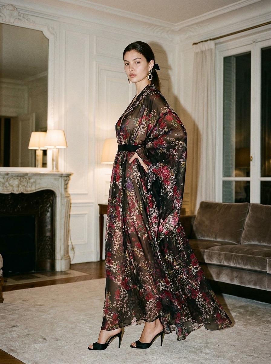 Model wearing Rosamosario black long robe