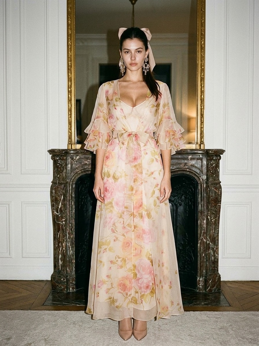 Model wearing Rosamosario nude long robe