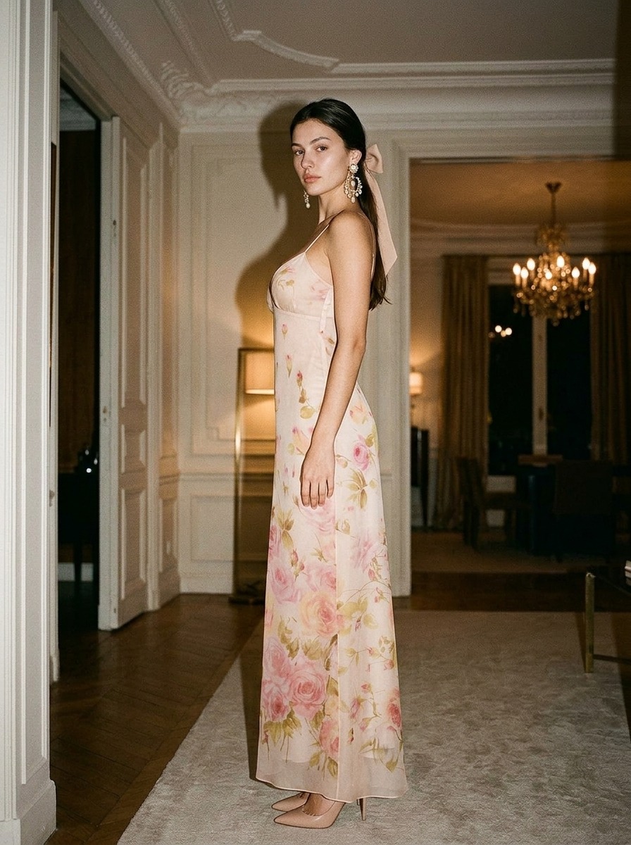 Model wearing Rosamosario nude long dress
