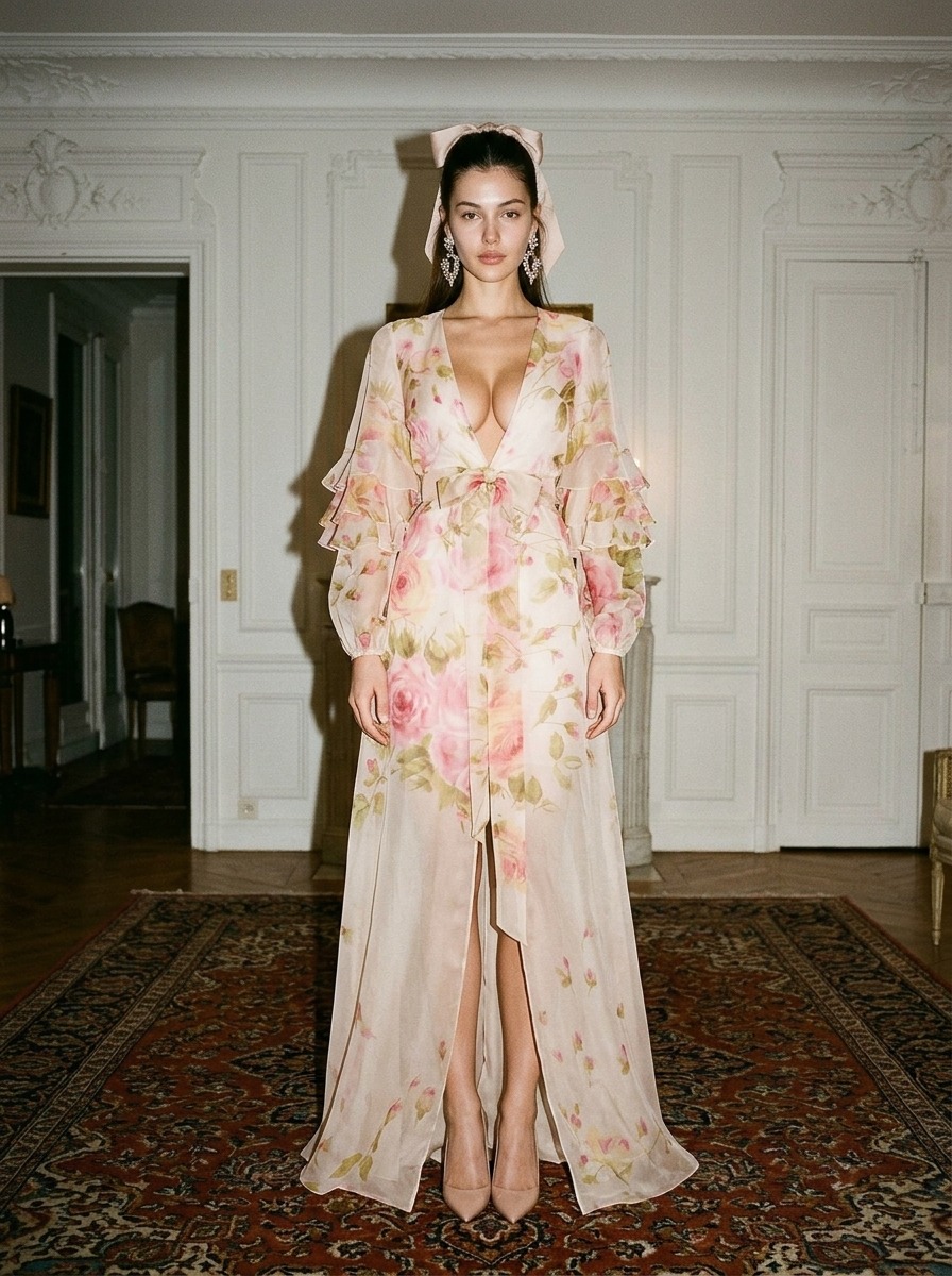 Model wearing Rosamosario nude long robe