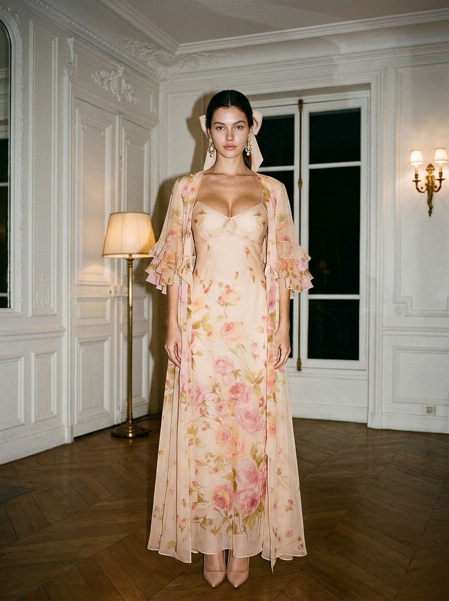 Model wearing Rosamosario nude long robe