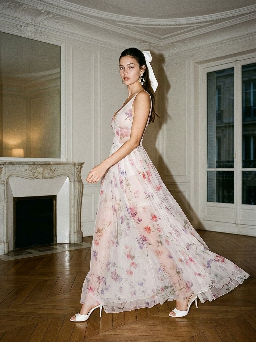 Model wearing Rosamosario nude long dress