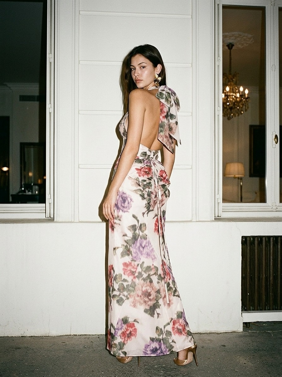 Model wearing Rosamosario white long dress from the back