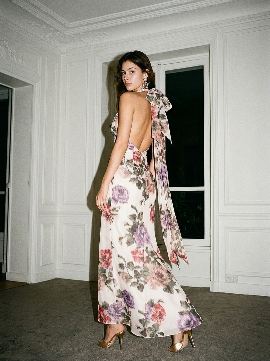 Model wearing Rosamosario white long dress from the back