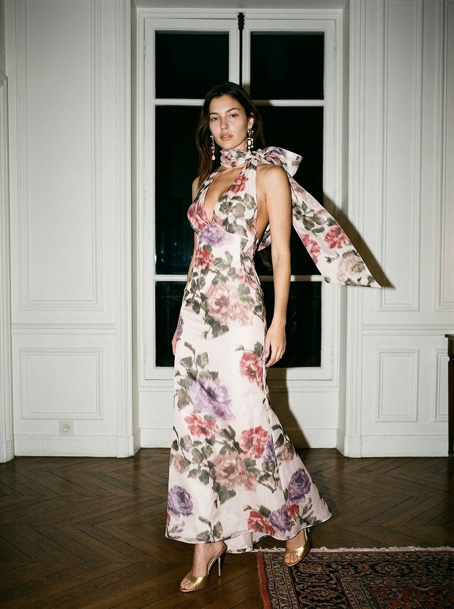 Model wearing Rosamosario white long dress