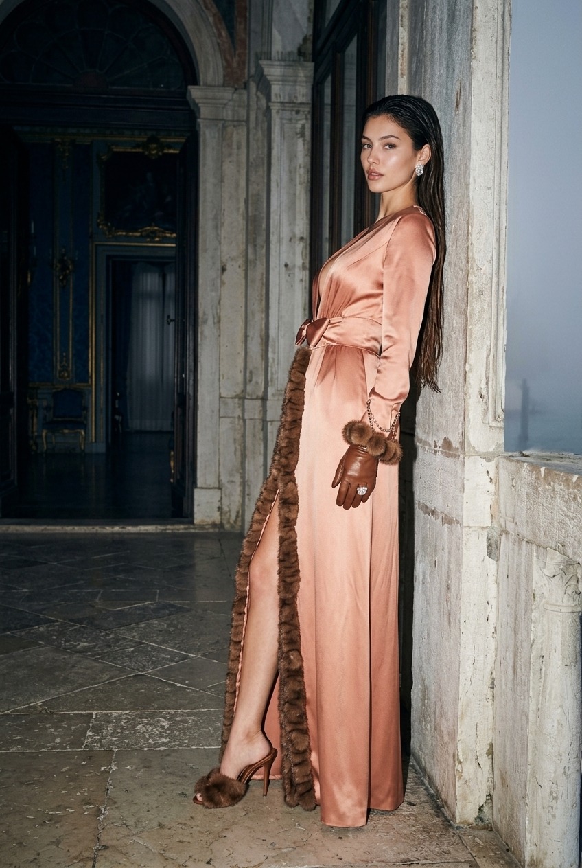 Model wearing Rosamosario nude long robe