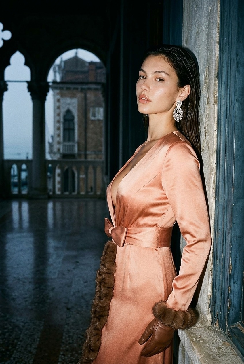 Model wearing Rosamosario nude long robe